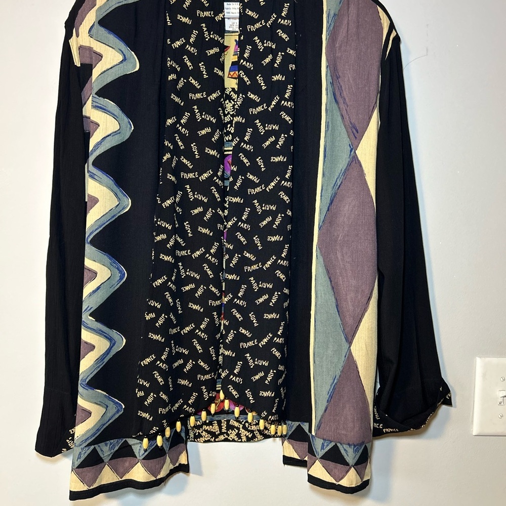 Vintage Carole Little art jacket size 12 rayon  gauze abstract Paris beaded trim - Picture 3 of 16